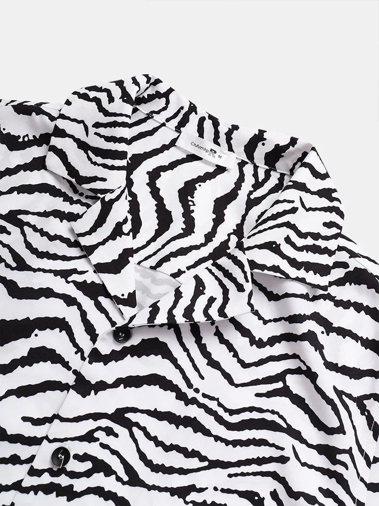 Mens Zebra Pattern Revere Collar Shirt & Drawstring Shorts Two Piece Outfits - Image 3