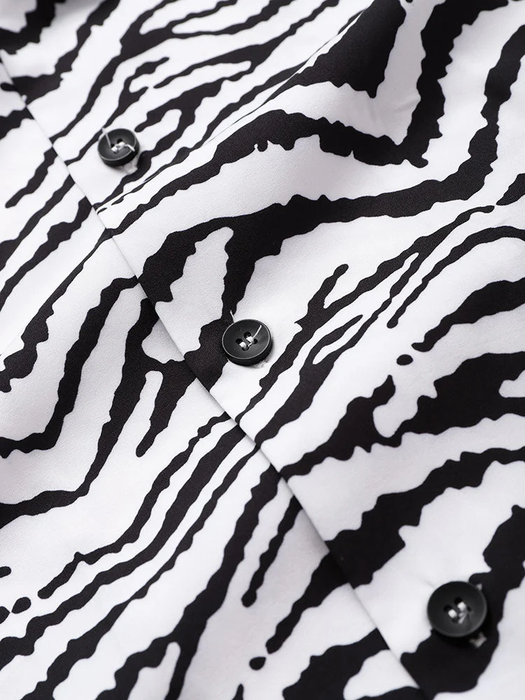 Mens Zebra Pattern Revere Collar Shirt & Drawstring Shorts Two Piece Outfits - Image 4