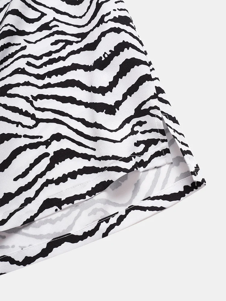 Mens Zebra Pattern Revere Collar Shirt & Drawstring Shorts Two Piece Outfits - Image 5
