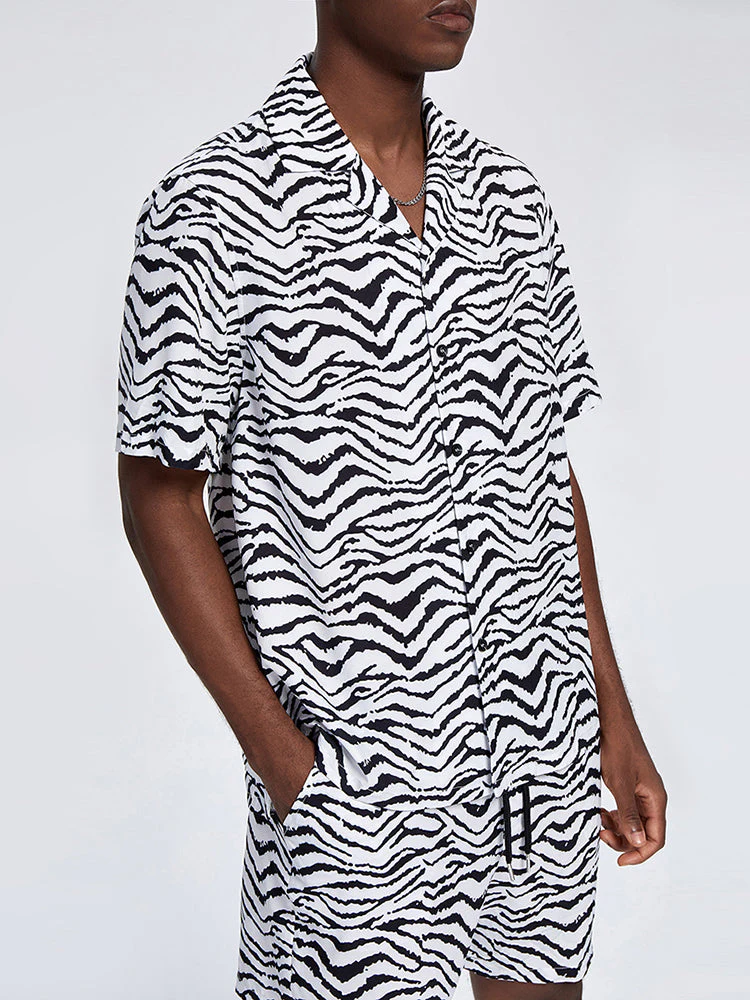 Mens Zebra Pattern Revere Collar Shirt & Drawstring Shorts Two Piece Outfits - Image 7
