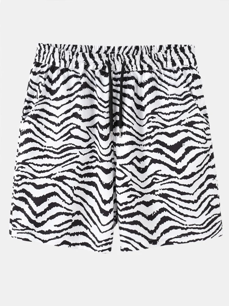 Mens Zebra Pattern Revere Collar Shirt & Drawstring Shorts Two Piece Outfits - Image 8