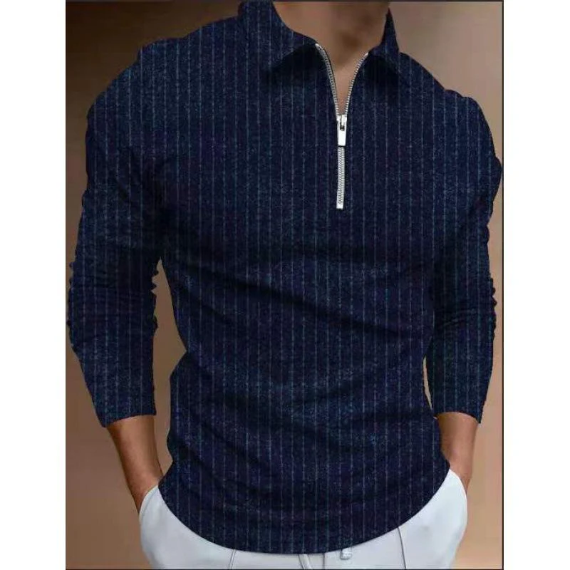Mens Zip Striped Long Sleeve POLO Shirt - Image 2