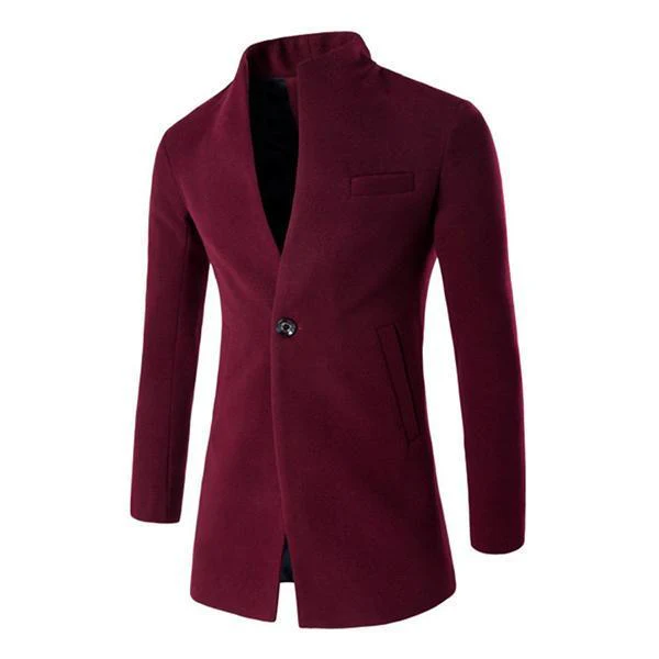 One Button Stand Collar Slim Fit Wool Coat - Image 4