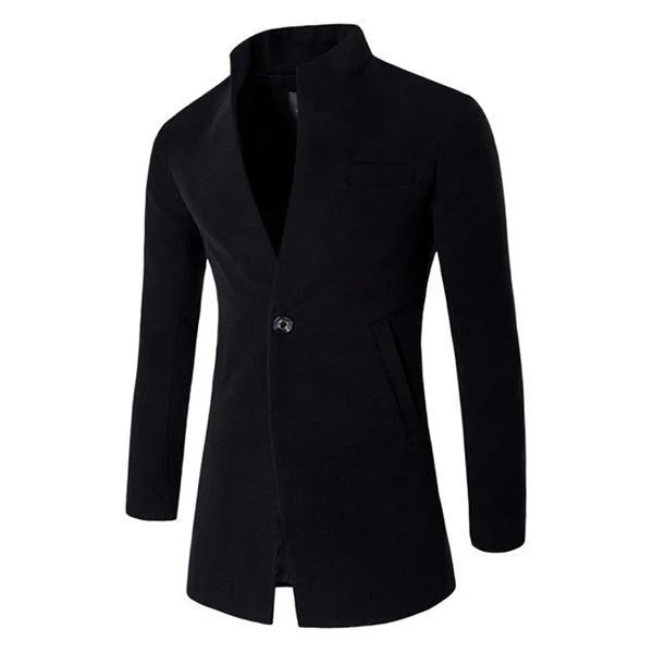 One Button Stand Collar Slim Fit Wool Coat - Image 8