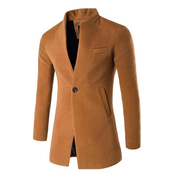 One Button Stand Collar Slim Fit Wool Coat - Image 9