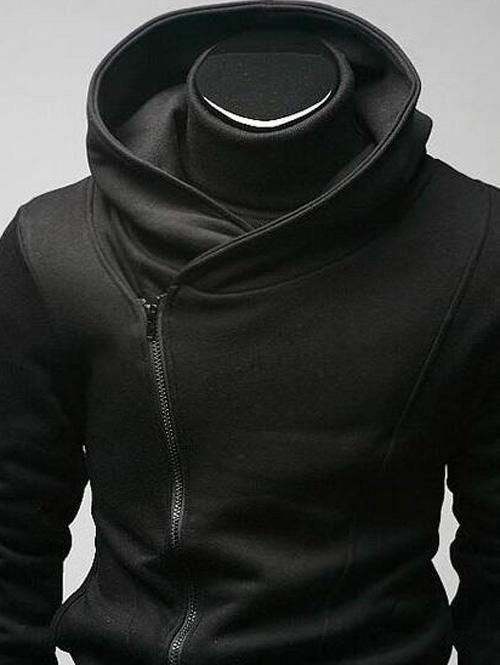 Side Zip Up Long Sleeve Plain Neck Hoodie For Men - Image 4