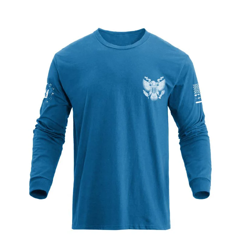 Men's 100% Cotton Blue Line American Flag Graphic Round Neck Long Sleeve T-Shirts - Image 21
