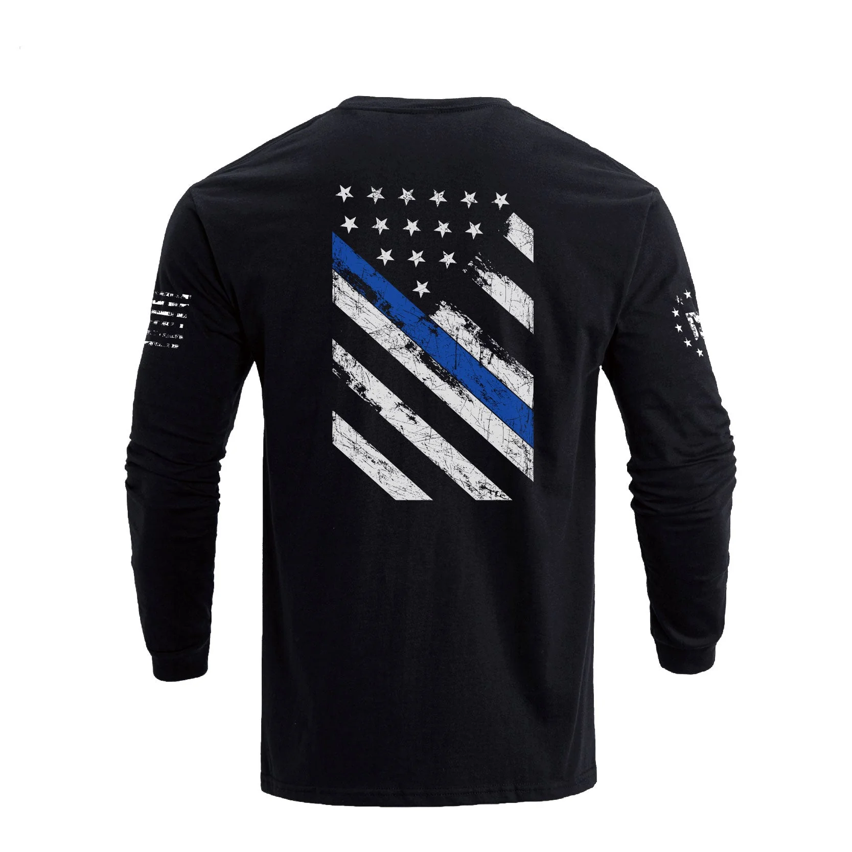 Men's 100% Cotton Blue Line American Flag Graphic Round Neck Long Sleeve T-Shirts - Image 6