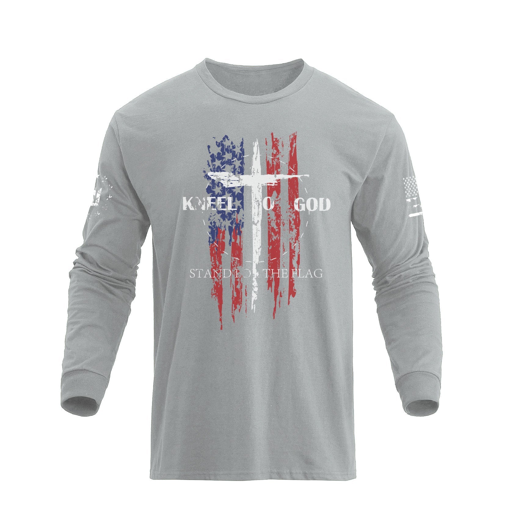 Men's 100% Cotton American Flag with Cross Graphic Round Neck Long Sleeve T-Shirts - Image 11
