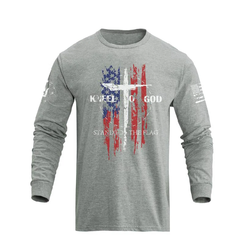 Men's 100% Cotton American Flag with Cross Graphic Round Neck Long Sleeve T-Shirts - Image 17