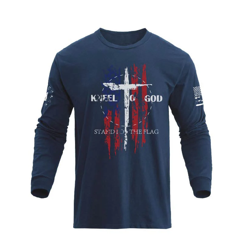 Men's 100% Cotton American Flag with Cross Graphic Round Neck Long Sleeve T-Shirts - Image 19
