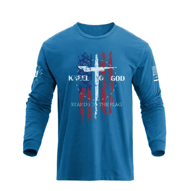 Men's 100% Cotton American Flag with Cross Graphic Round Neck Long Sleeve T-Shirts - Image 23