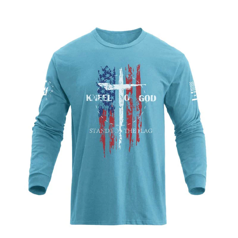 Men's 100% Cotton American Flag with Cross Graphic Round Neck Long Sleeve T-Shirts - Image 27