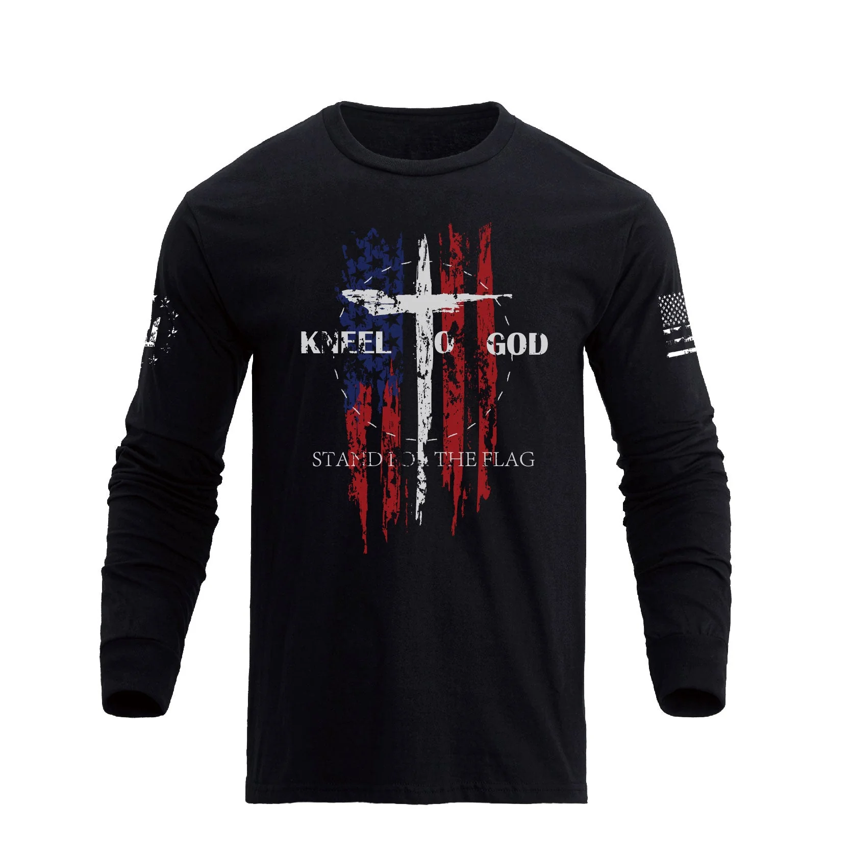 Men's 100% Cotton American Flag with Cross Graphic Round Neck Long Sleeve T-Shirts - Image 3