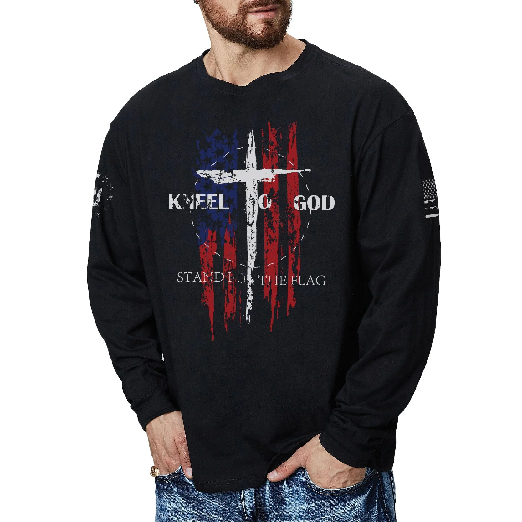 Men's 100% Cotton American Flag with Cross Graphic Round Neck Long Sleeve T-Shirts - Image 33