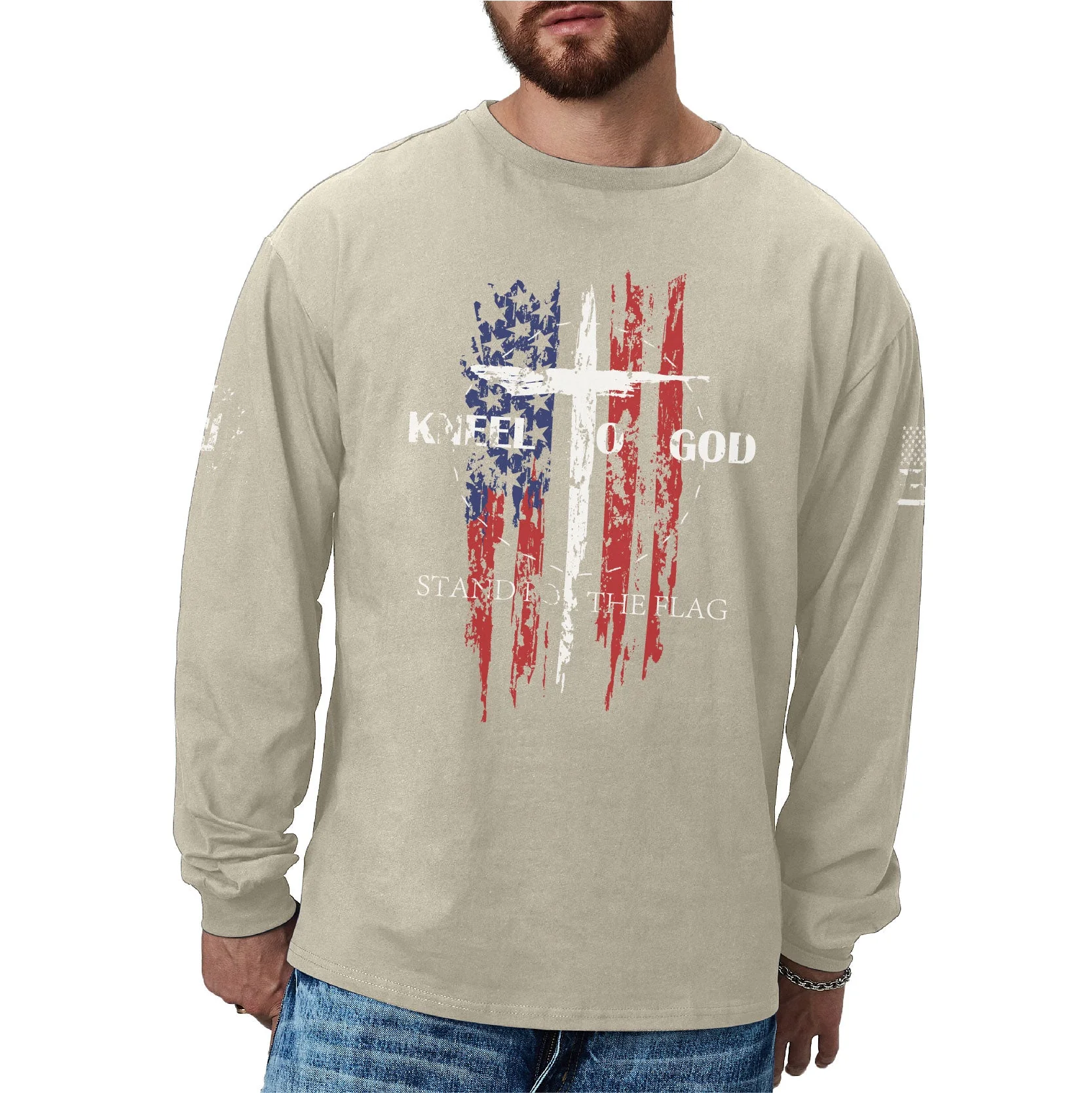 Men's 100% Cotton American Flag with Cross Graphic Round Neck Long Sleeve T-Shirts - Image 36
