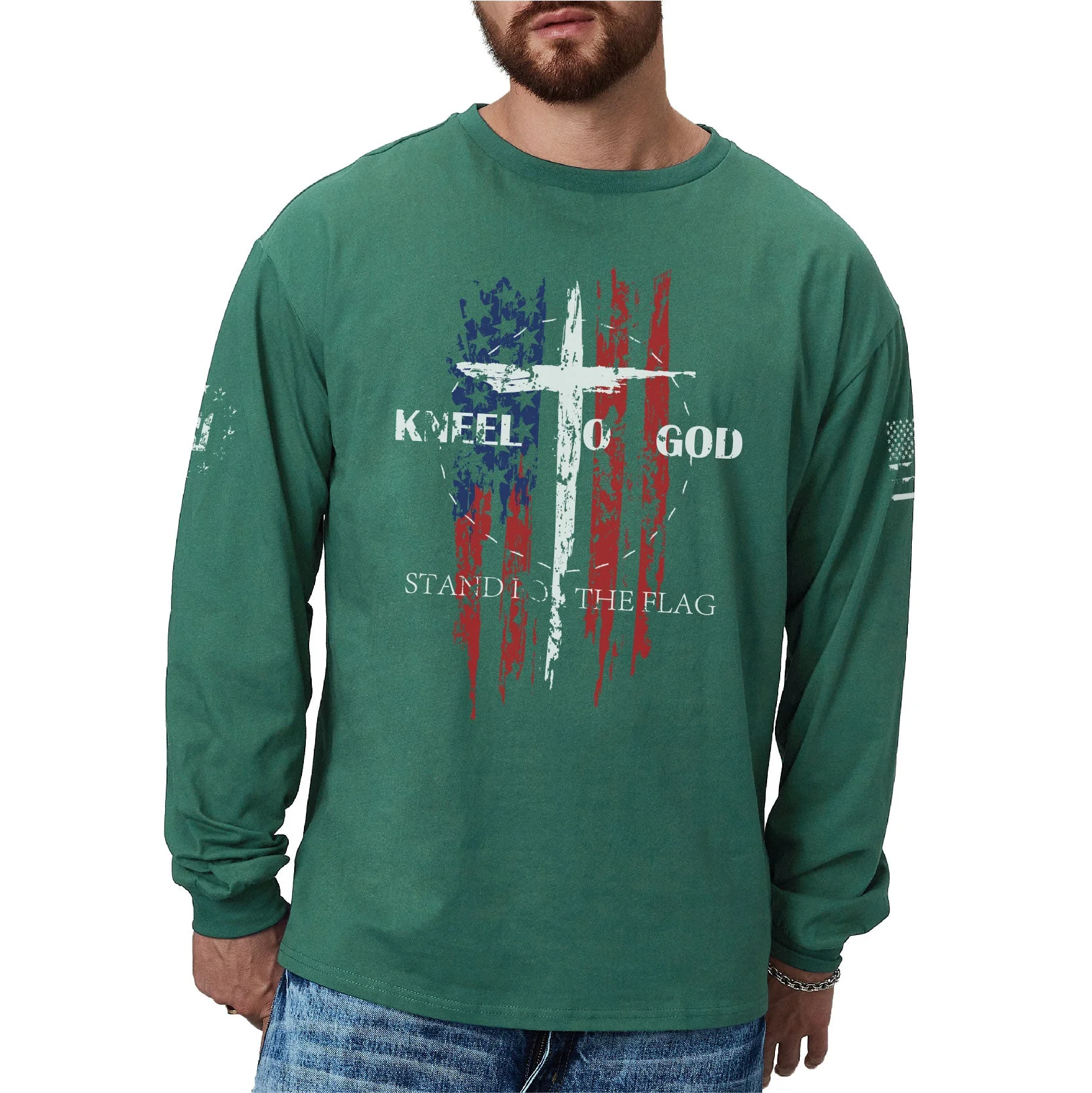Men's 100% Cotton American Flag with Cross Graphic Round Neck Long Sleeve T-Shirts - Image 38