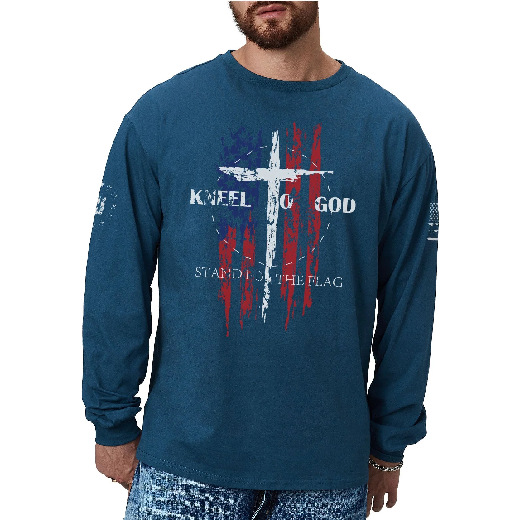 Men's 100% Cotton American Flag with Cross Graphic Round Neck Long Sleeve T-Shirts - Image 41