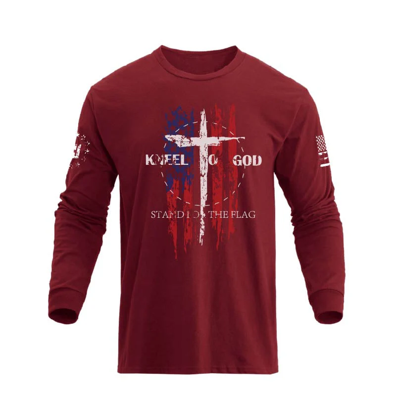 Men's 100% Cotton American Flag with Cross Graphic Round Neck Long Sleeve T-Shirts - Image 47