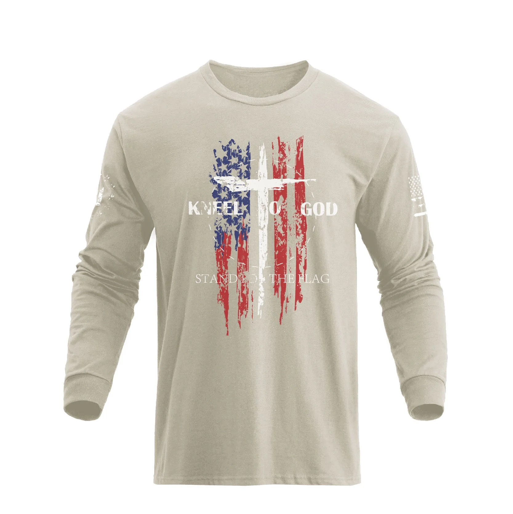 Men's 100% Cotton American Flag with Cross Graphic Round Neck Long Sleeve T-Shirts - Image 7