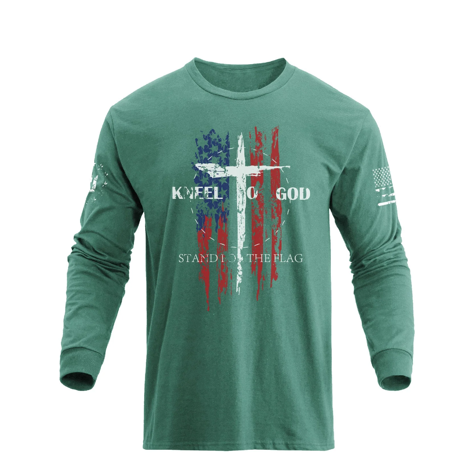 Men's 100% Cotton American Flag with Cross Graphic Round Neck Long Sleeve T-Shirts - Image 9