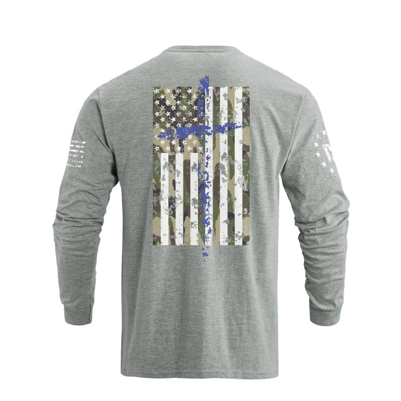 Men's 100% Cotton Patriotic American Flag Camouflage Cross Graphic Midweight Long Sleeve T-shirts - Image 16
