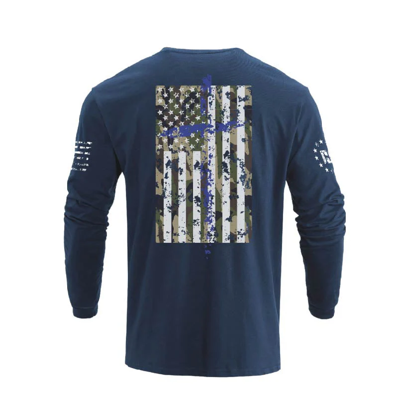 Men's 100% Cotton Patriotic American Flag Camouflage Cross Graphic Midweight Long Sleeve T-shirts - Image 18