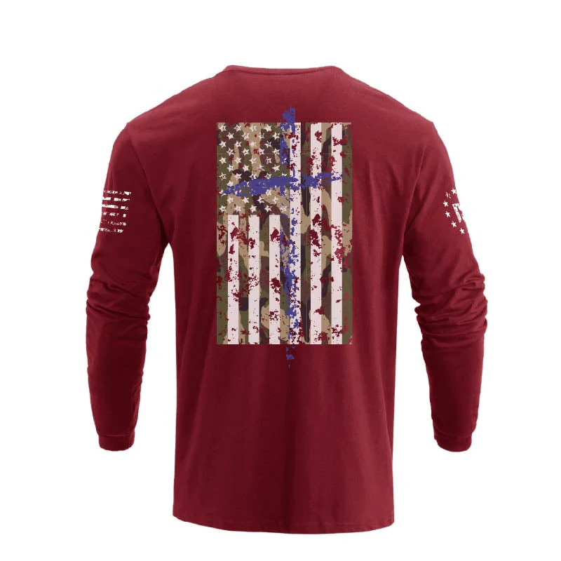 Men's 100% Cotton Patriotic American Flag Camouflage Cross Graphic Midweight Long Sleeve T-shirts - Image 20