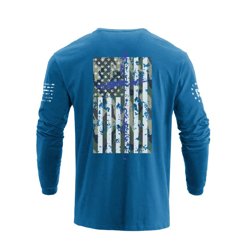 Men's 100% Cotton Patriotic American Flag Camouflage Cross Graphic Midweight Long Sleeve T-shirts - Image 22