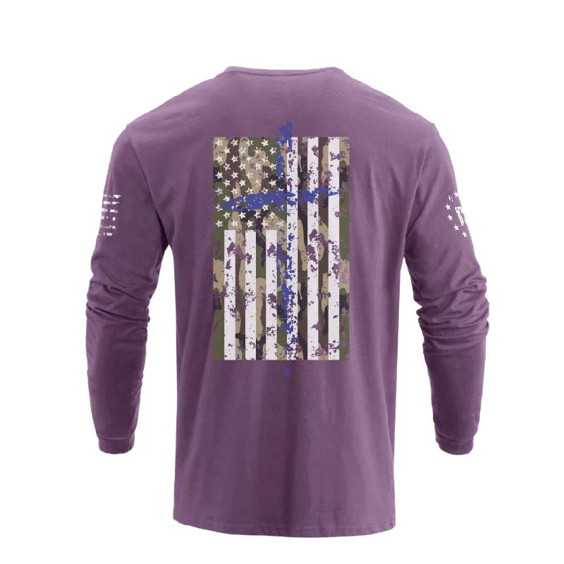 Men's 100% Cotton Patriotic American Flag Camouflage Cross Graphic Midweight Long Sleeve T-shirts - Image 24