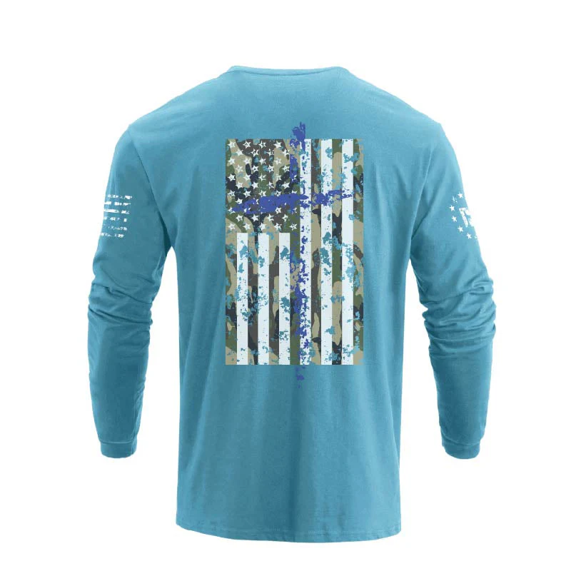Men's 100% Cotton Patriotic American Flag Camouflage Cross Graphic Midweight Long Sleeve T-shirts - Image 26
