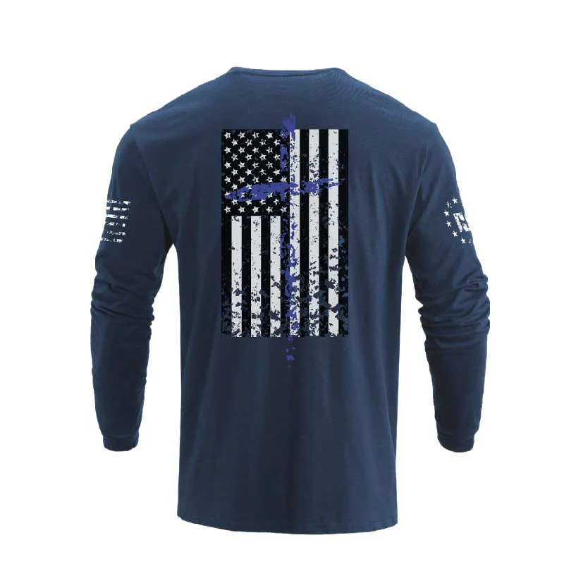 Men's 100% Cotton Patriotic American Flag Cross Graphic Midweight Long Sleeve T-shirts - Image 18