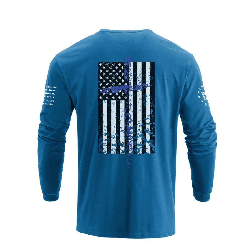 Men's 100% Cotton Patriotic American Flag Cross Graphic Midweight Long Sleeve T-shirts - Image 22
