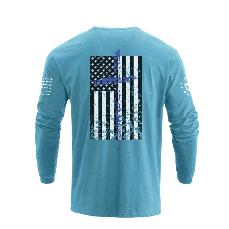 Men's 100% Cotton Patriotic American Flag Cross Graphic Midweight Long Sleeve T-shirts - Image 26