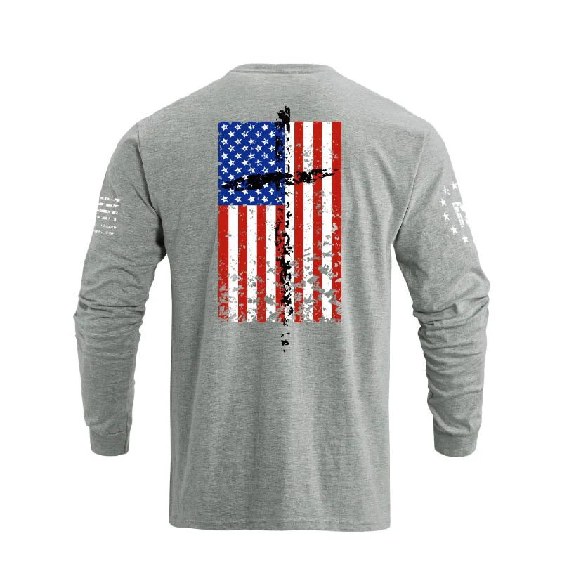Men's 100% Cotton Patriotic American Flag Cross Graphic Midweight Long Sleeve T-shirts - Image 16