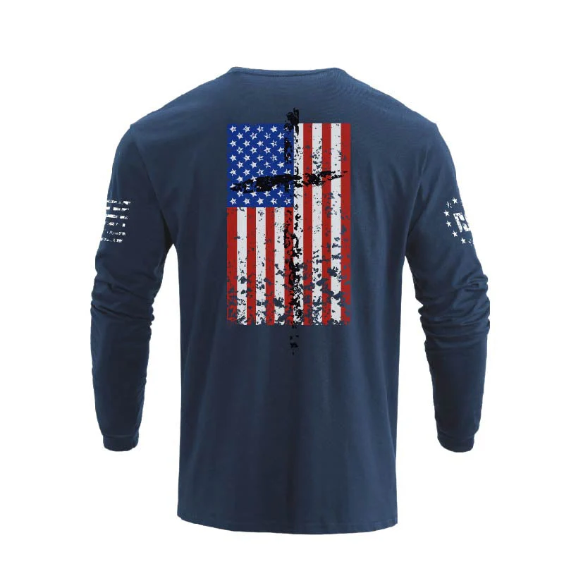 Men's 100% Cotton Patriotic American Flag Cross Graphic Midweight Long Sleeve T-shirts - Image 18