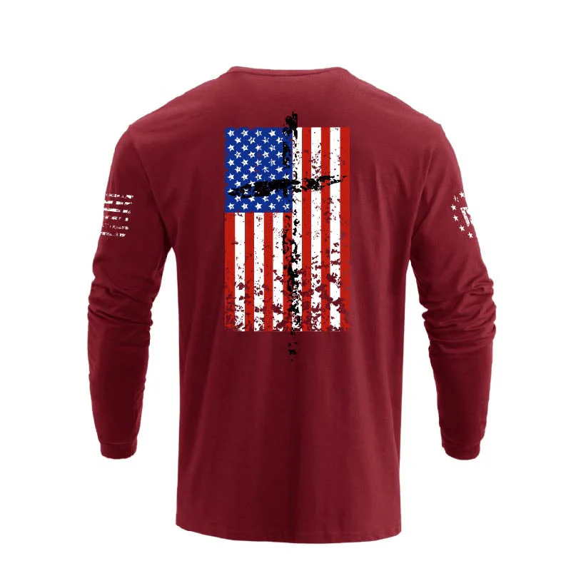Men's 100% Cotton Patriotic American Flag Cross Graphic Midweight Long Sleeve T-shirts - Image 19
