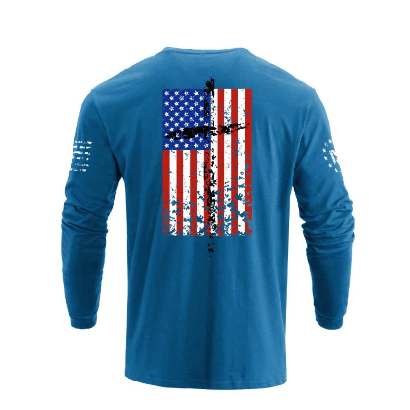 Men's 100% Cotton Patriotic American Flag Cross Graphic Midweight Long Sleeve T-shirts - Image 22