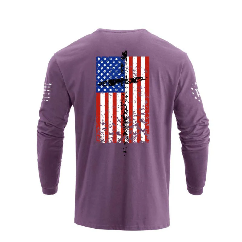 Men's 100% Cotton Patriotic American Flag Cross Graphic Midweight Long Sleeve T-shirts - Image 24