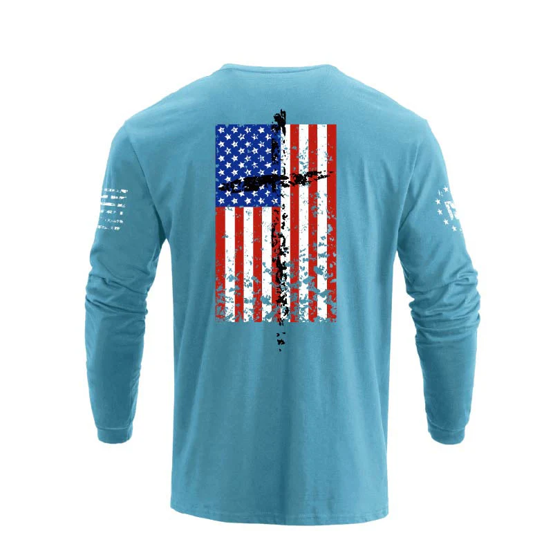 Men's 100% Cotton Patriotic American Flag Cross Graphic Midweight Long Sleeve T-shirts - Image 26