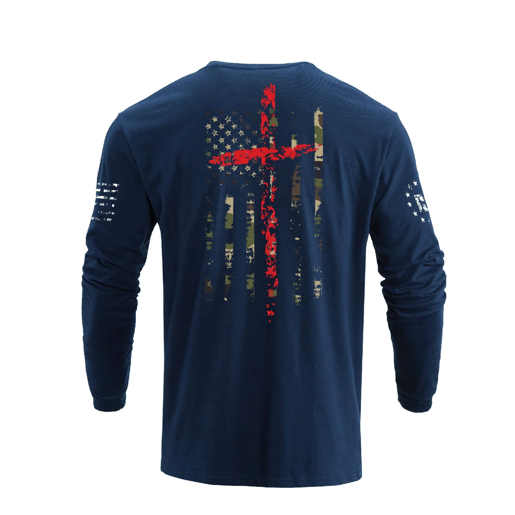 Men's 100% Cotton Patriotic American Flag Camouflage Cross Graphic Midweight Long Sleeve T-shirts - Image 10