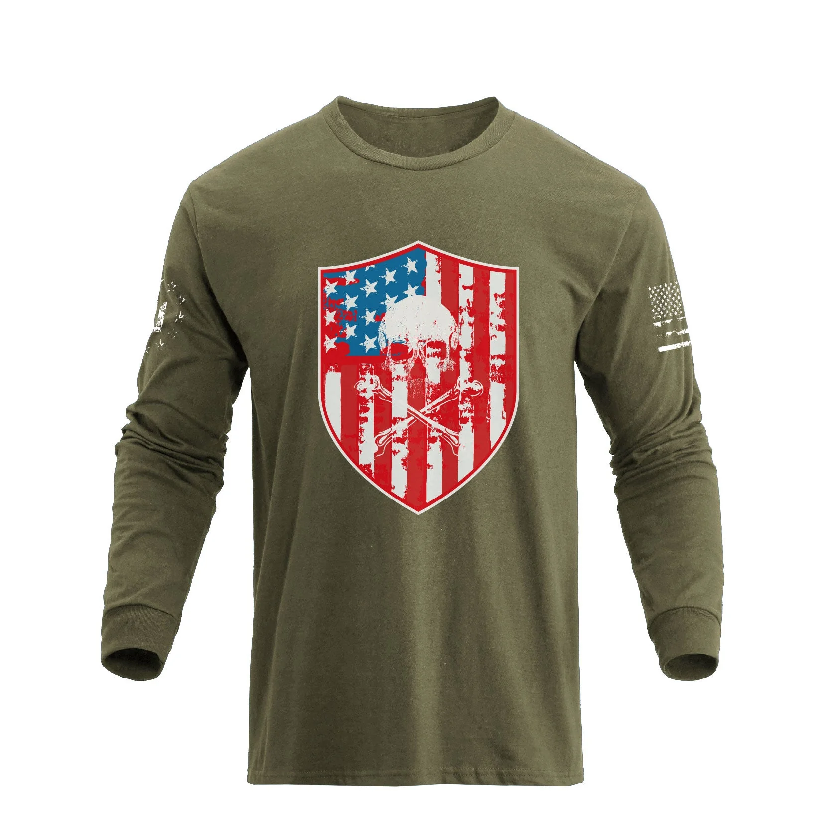 Men's American Flag Shield with Skull Long Sleeve Graphic T-Shirt - Image 11