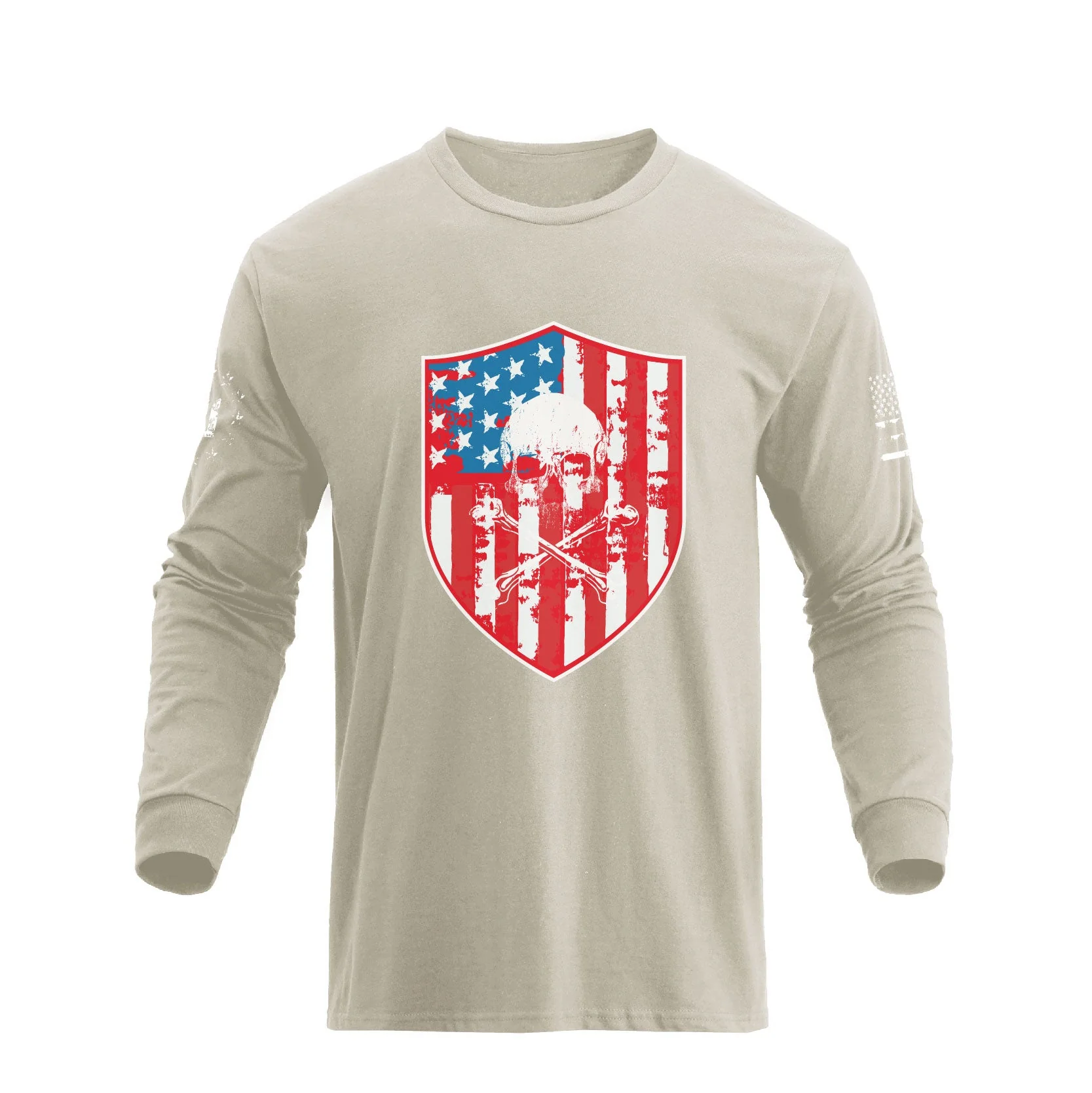 Men's American Flag Shield with Skull Long Sleeve Graphic T-Shirt - Image 13
