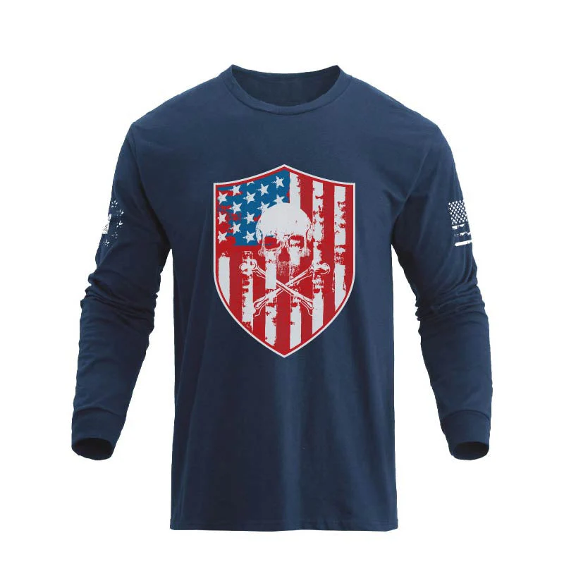 Men's American Flag Shield with Skull Long Sleeve Graphic T-Shirt - Image 17