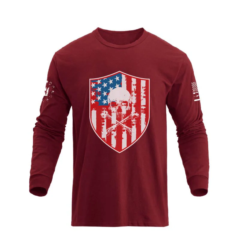 Men's American Flag Shield with Skull Long Sleeve Graphic T-Shirt - Image 20