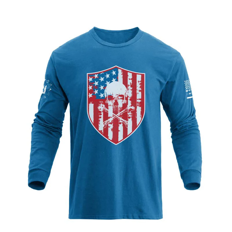 Men's American Flag Shield with Skull Long Sleeve Graphic T-Shirt - Image 21