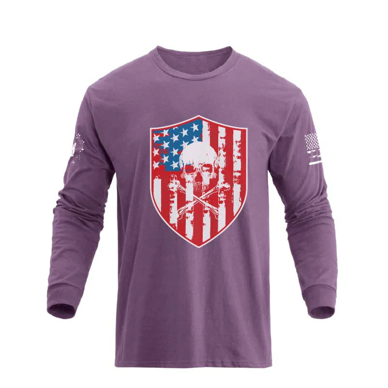 Men's American Flag Shield with Skull Long Sleeve Graphic T-Shirt - Image 23