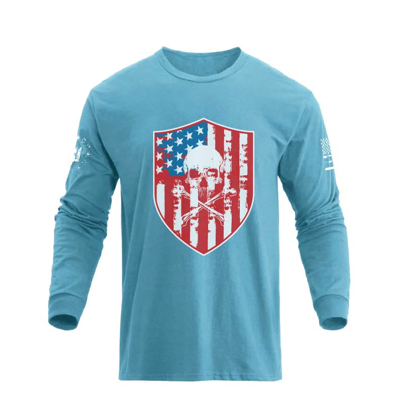 Men's American Flag Shield with Skull Long Sleeve Graphic T-Shirt - Image 25
