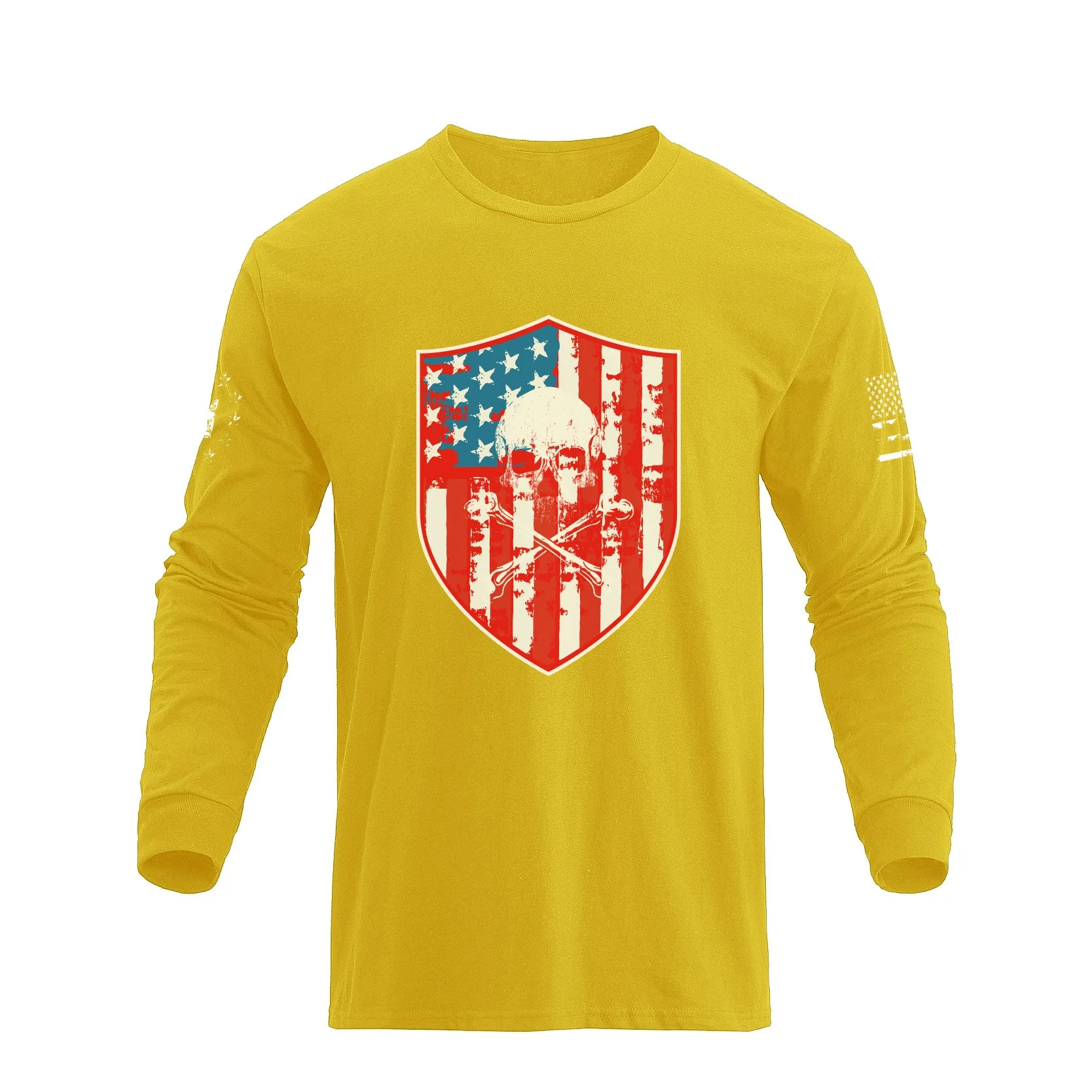 Men's American Flag Shield with Skull Long Sleeve Graphic T-Shirt - Image 3