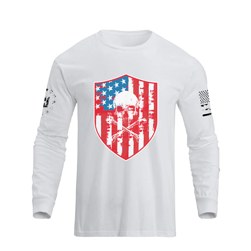 Men's American Flag Shield with Skull Long Sleeve Graphic T-Shirt - Image 5